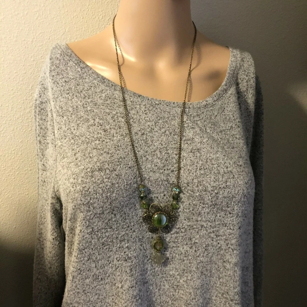 Green Czech Glass Pendant Necklace Set~ Victorian Revival~Upcycled Artisan‎ Made